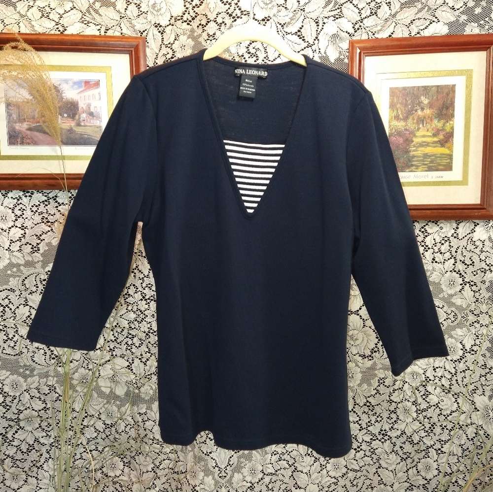 Nina Leonard dark blue with black white stripes casual blouse 3/4 length sleeves